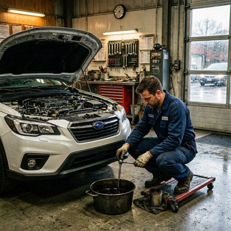 Mechanic performing a Subaru Outback oil change in a professional repair shop