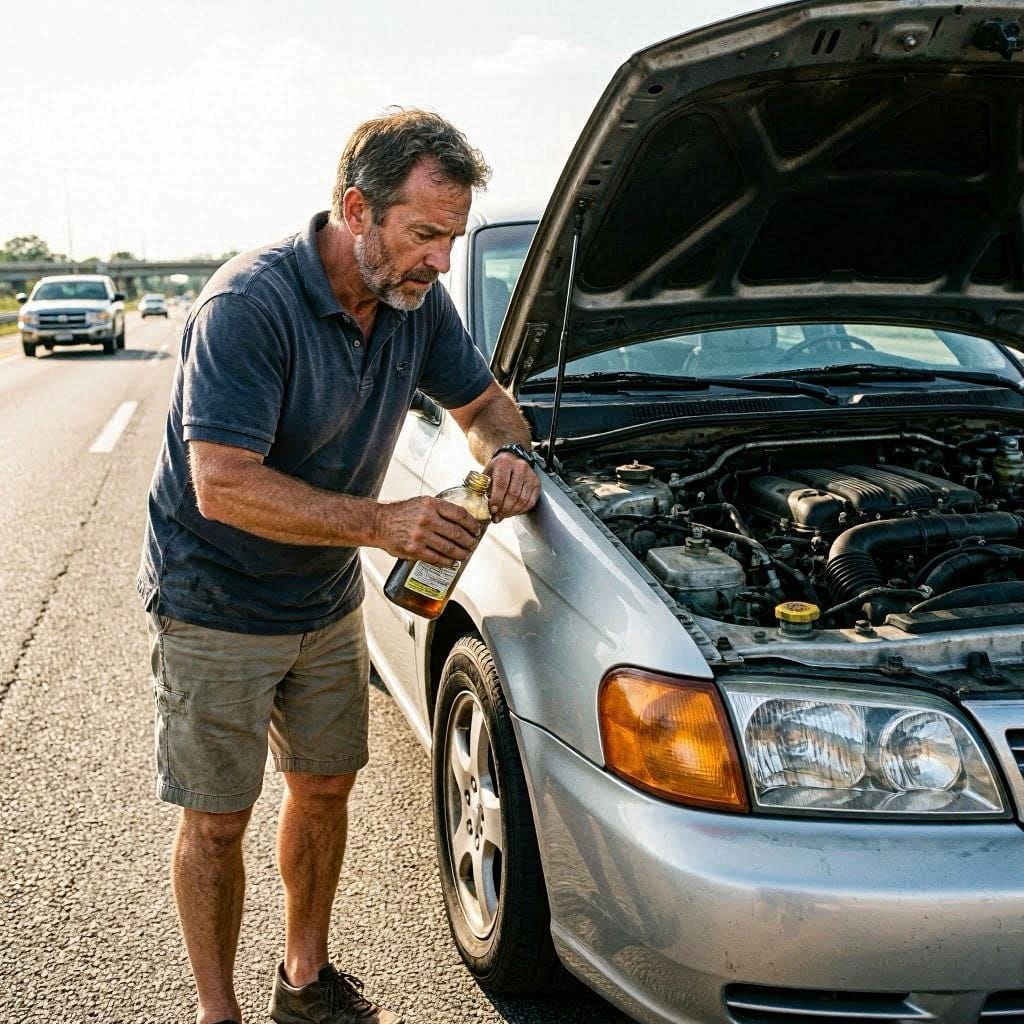 Driver checking low engine oil and considering topping off synthetic oil with conventional oil during a roadside emergency.