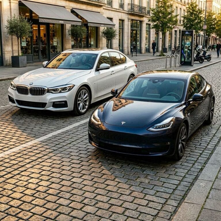 BMW 3 Series and Tesla Model 3 side-by-side luxury sedan comparison
