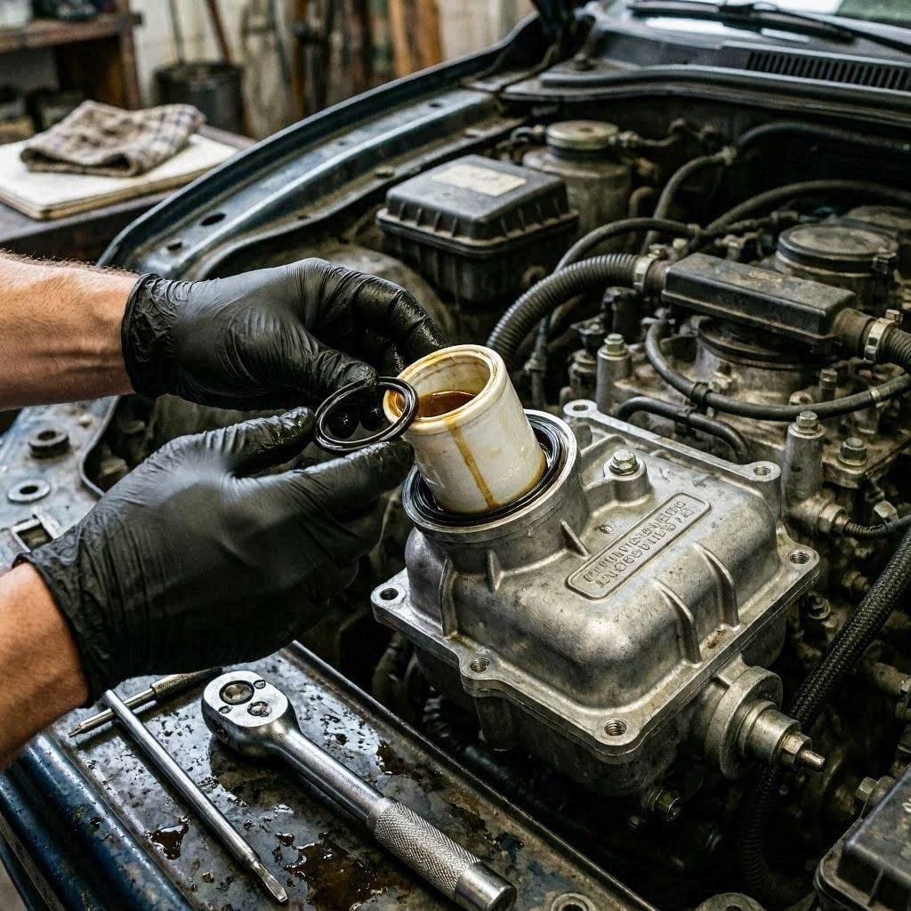 Replacing the oil filter and O-ring during a Ford F-150 oil change.