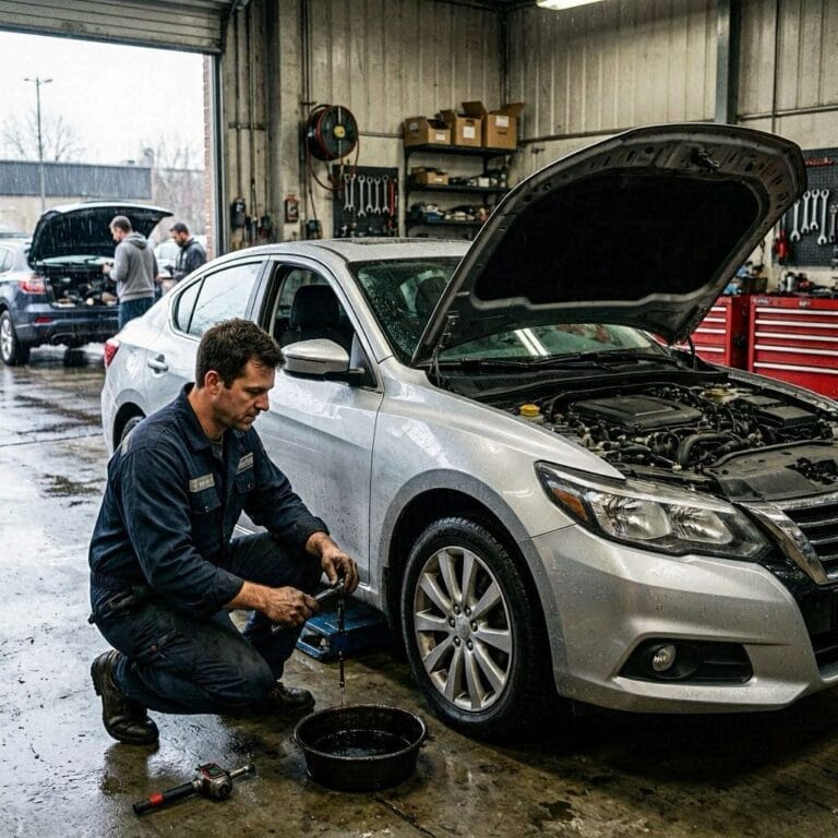 Mechanic performing an oil change on a Nissan Altima inside an auto repair shop