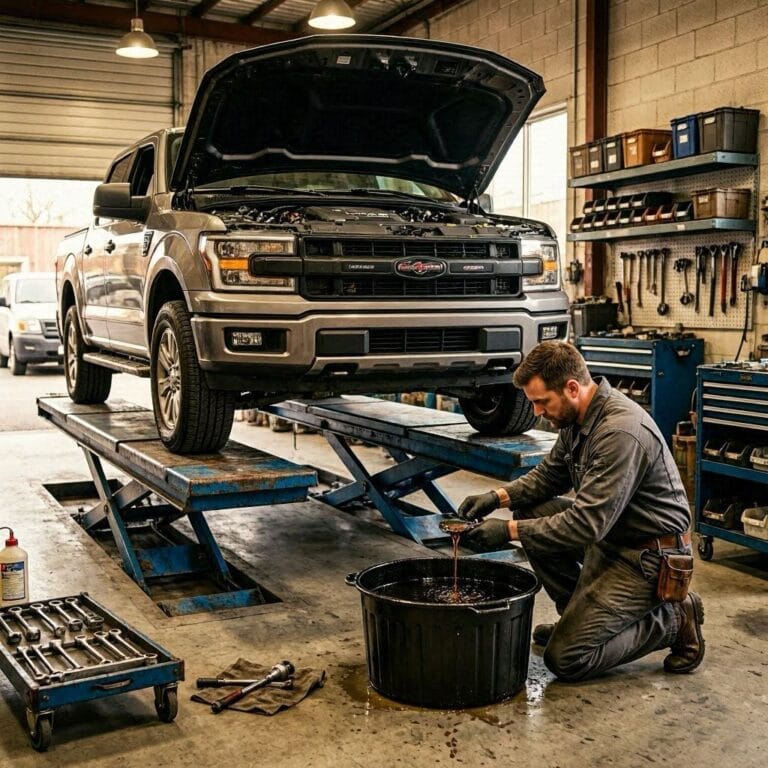 Ford F-150 undergoing a routine oil change with engine oil draining into a pan.