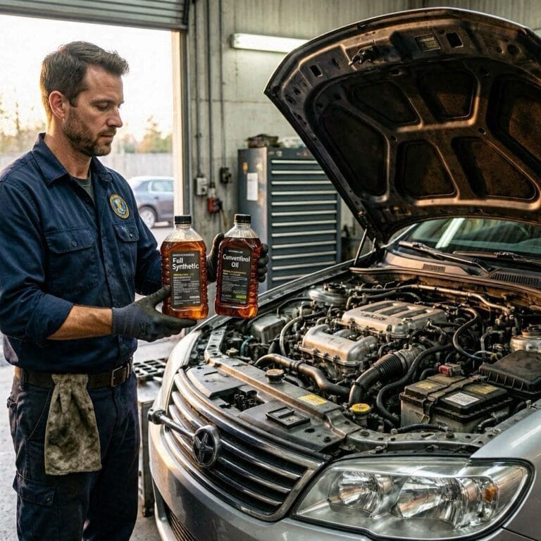 ASE-certified mechanic comparing synthetic and conventional motor oil beside an open car engine.