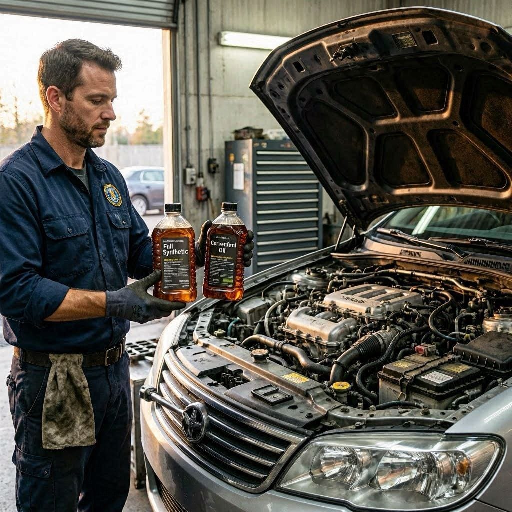ASE-certified mechanic comparing synthetic and conventional motor oil beside an open car engine.