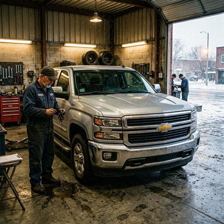 Mechanic checking oil level on a 2015 Chevy Silverado 1500 inside a Detroit repair shop during winter.