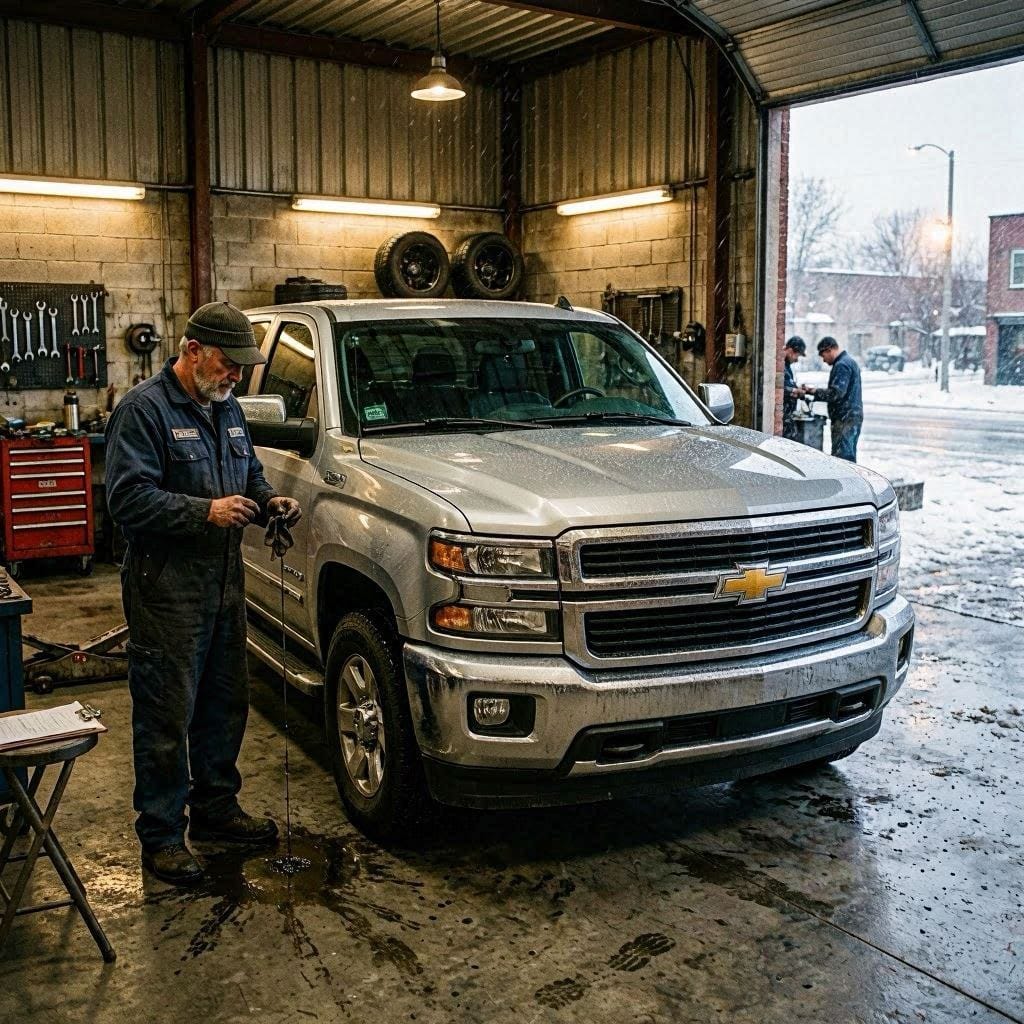 Mechanic checking oil level on a 2015 Chevy Silverado 1500 inside a Detroit repair shop during winter.