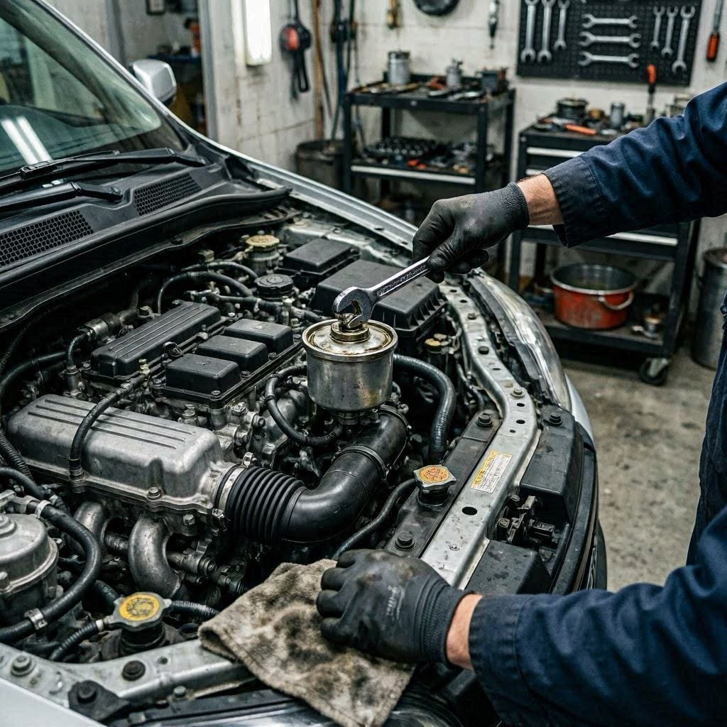 Top-mounted oil filter location on Subaru Outback FB25 engine
