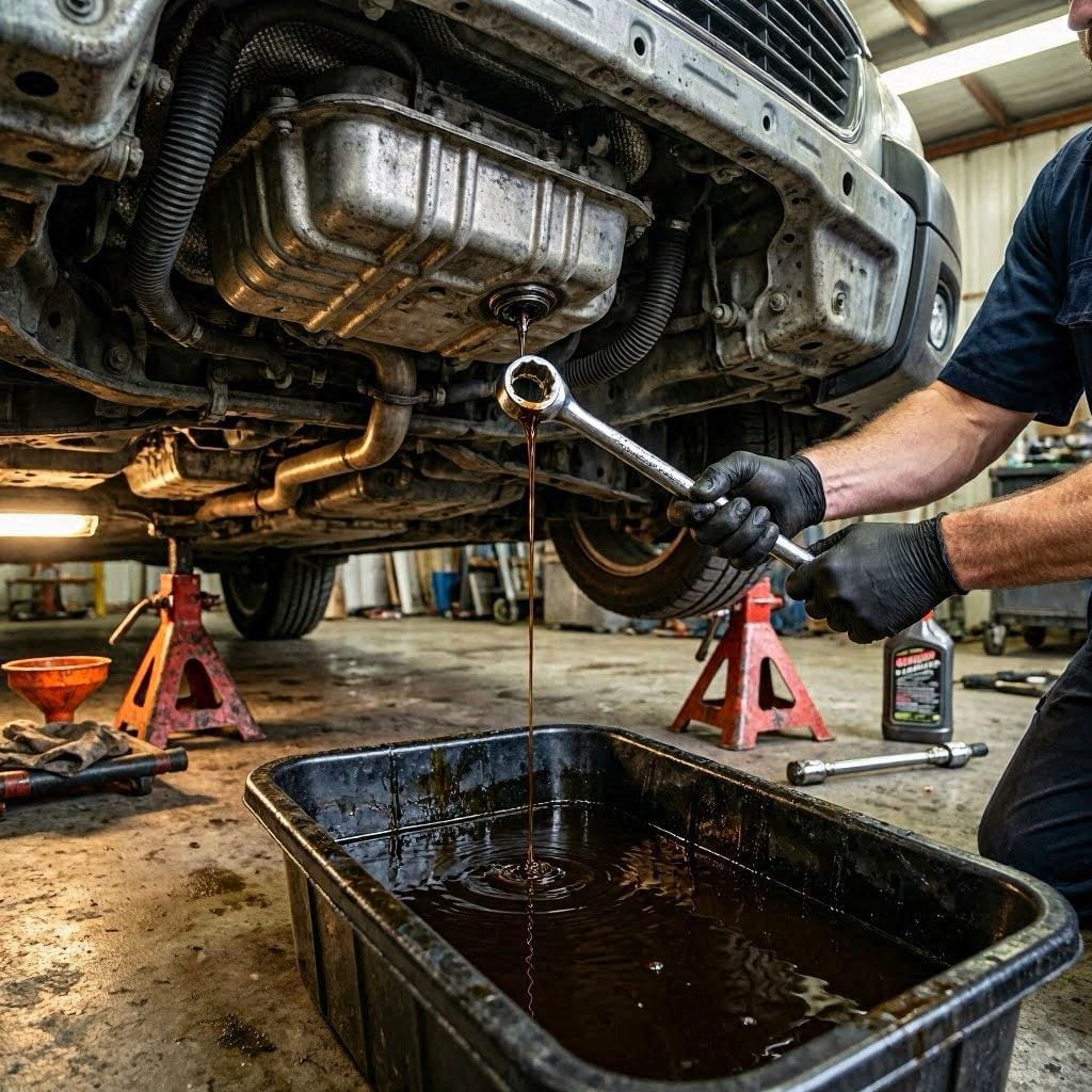 Draining old engine oil from Subaru Outback oil pan drain plug