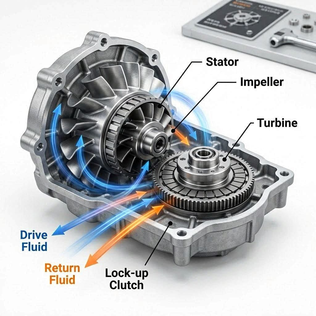 Cutaway diagram of torque converter showing impeller turbine stator and lock-up clutch