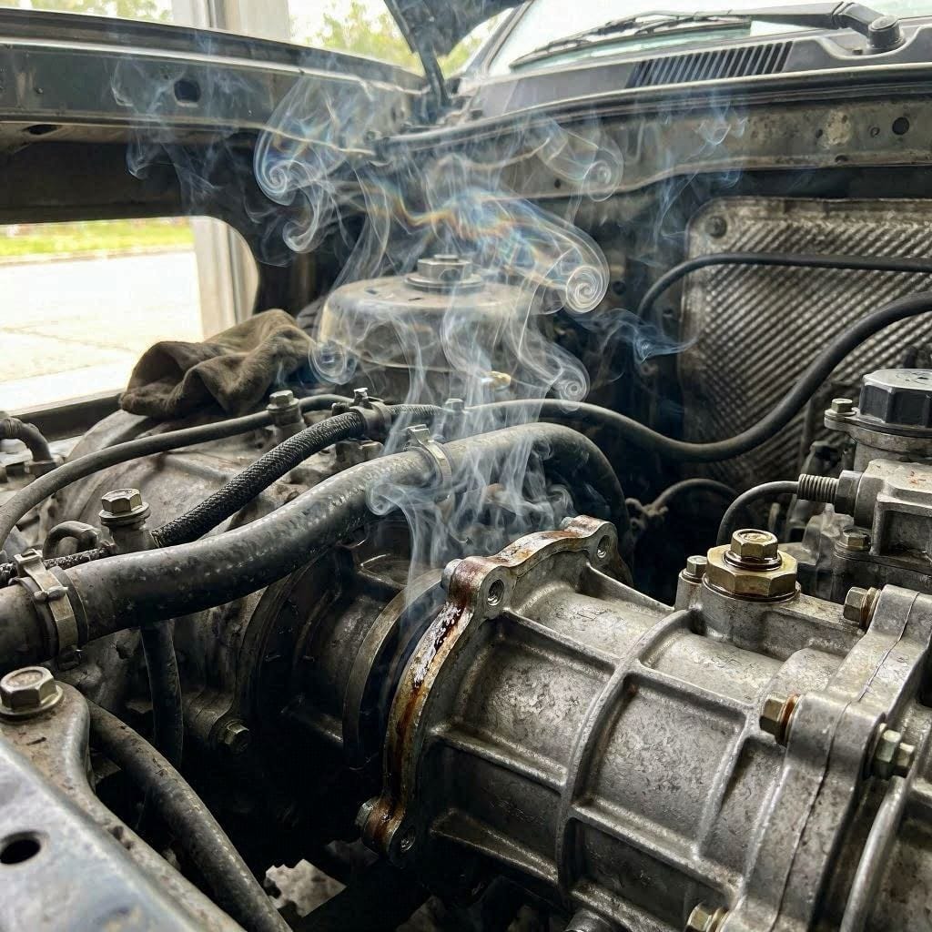 smoke and heat rising from engine bay indicating a burning slipping clutch 