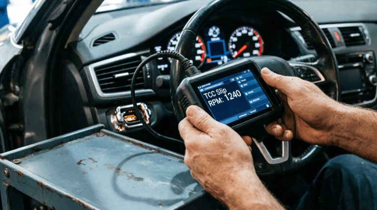"Mechanic using OBD-II scanner displaying TCC slip RPM reading of 1240 for transmission shudder diagnosis"