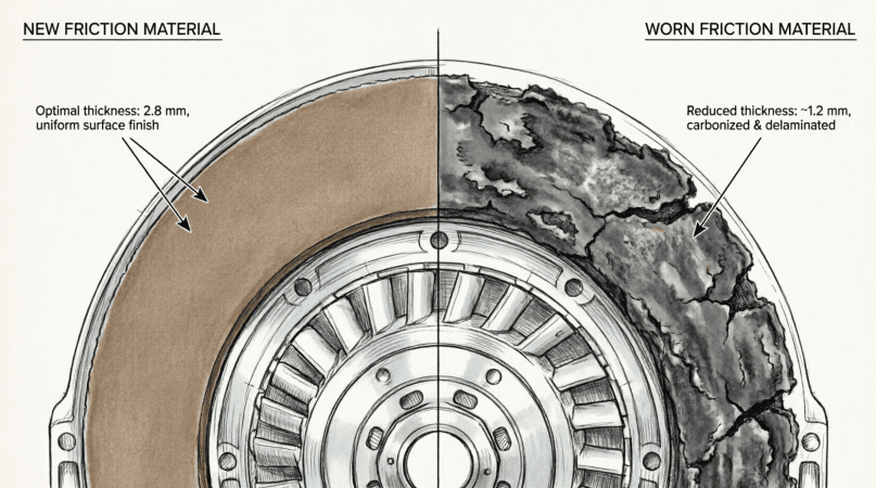 "Torque converter cutaway comparison showing new friction material at 2.8mm thickness versus worn carbonized material at 1.2mm thickness"