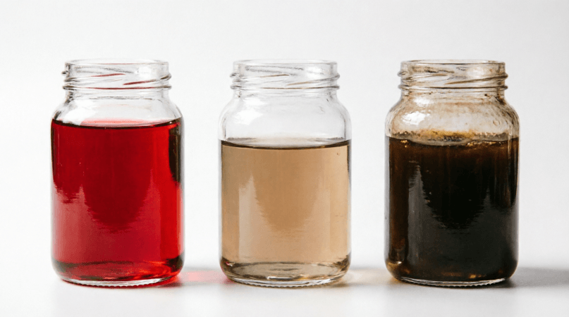 "Transmission fluid condition guide showing fresh red ATF, used light brown fluid, and burnt dark brown oxidized fluid in glass jars"