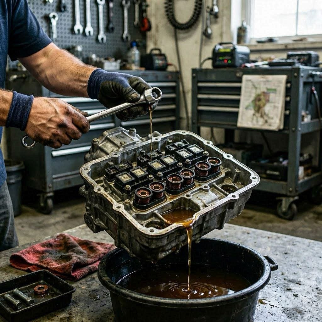 Mechanic removing transmission pan to access solenoid pack during DIY replacement