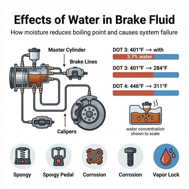"Infographic showing how water in brake fluid lowers boiling points for DOT 3 and DOT 4."