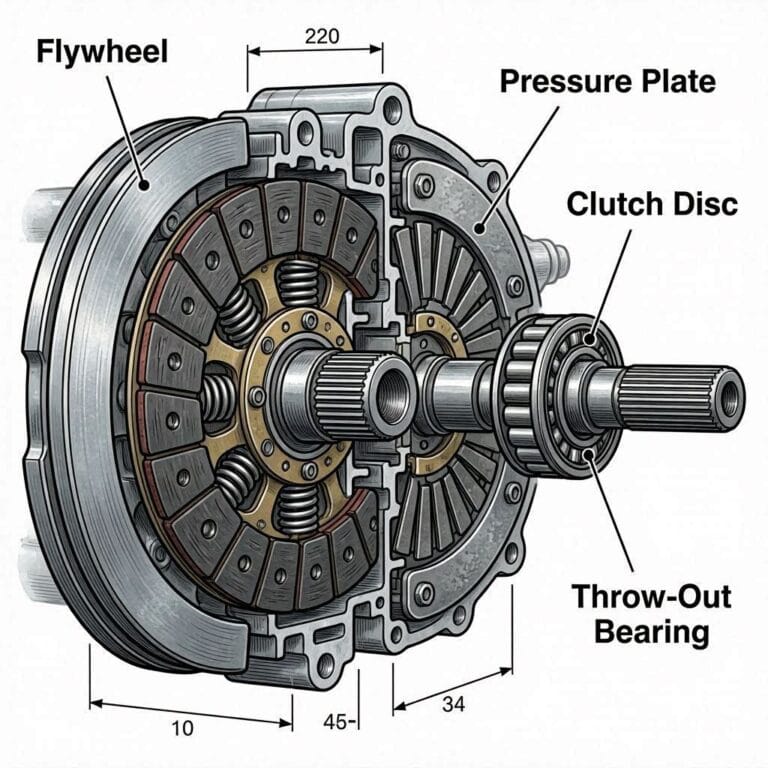 cutaway diagram showing clutch disc, pressure plate, flywheel, and throw-out bearing in a manual transmission