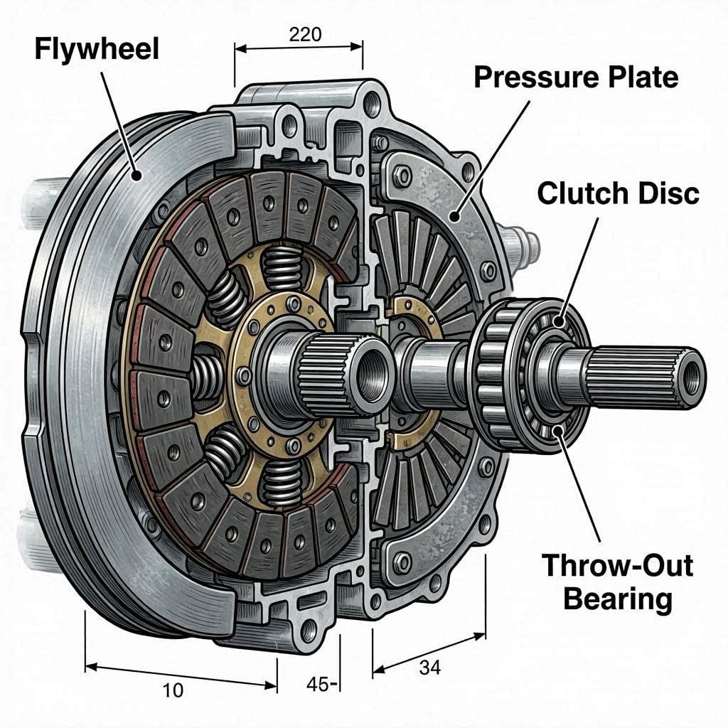 cutaway diagram showing clutch disc, pressure plate, flywheel, and throw-out bearing in a manual transmission