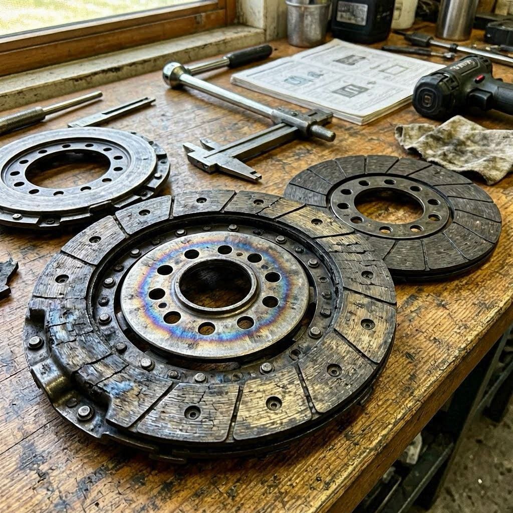 Burnt clutch disc with heat spots beside a healthy clutch disc