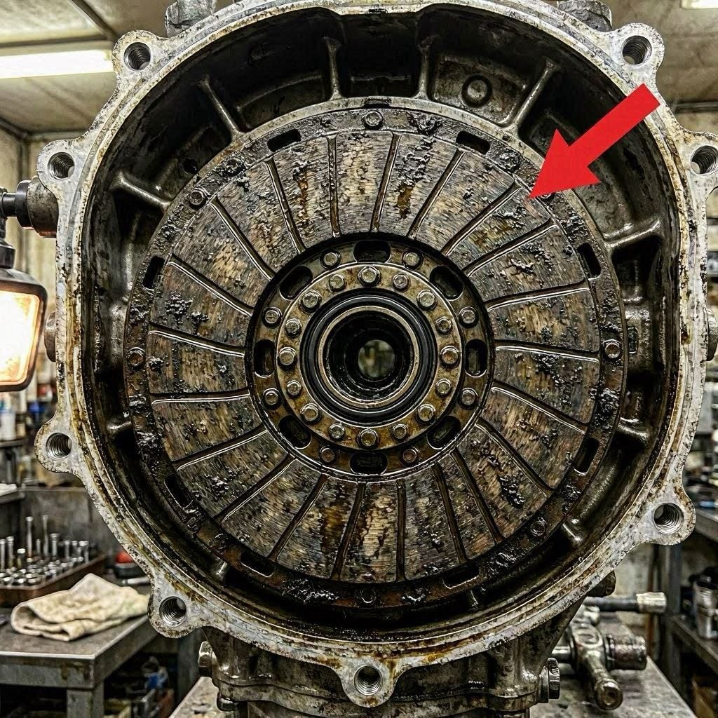 oil-contaminated clutch disc showing wet streaks from rear main seal leak 