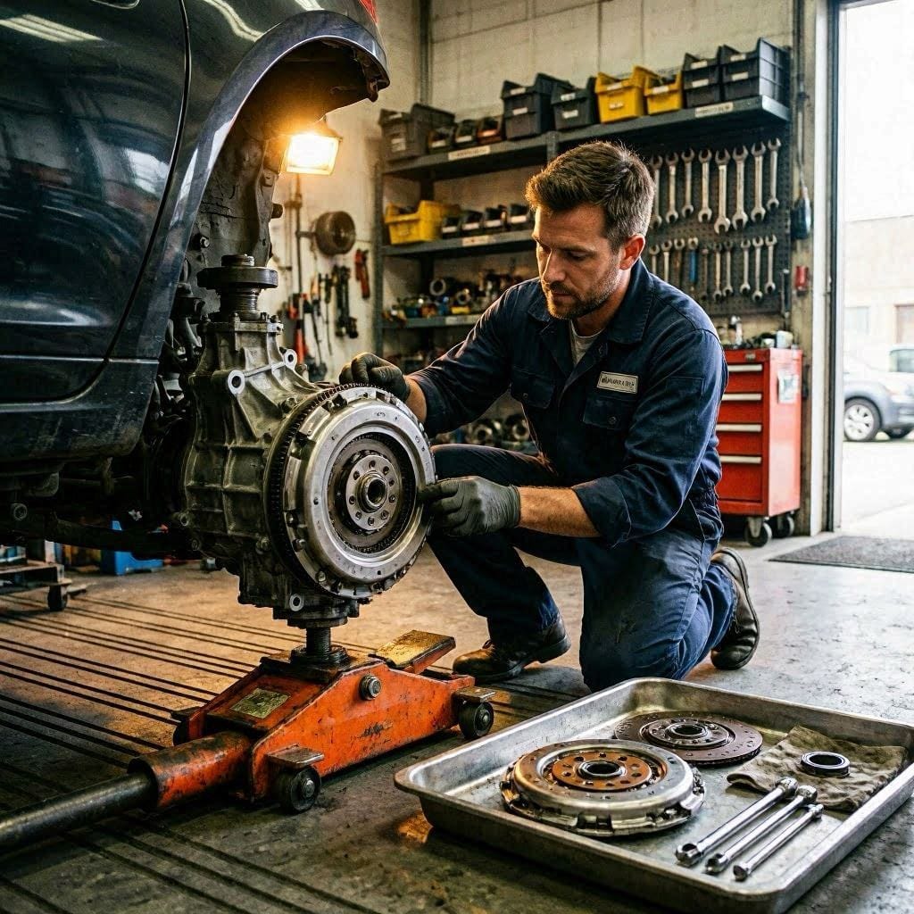 Mechanic replacing clutch kit with transmission removed from vehicle