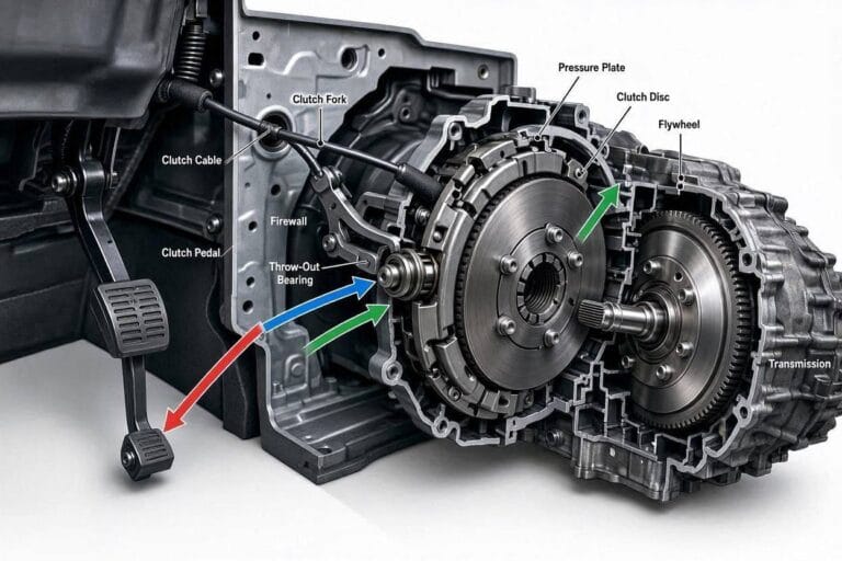 Diagram showing how a clutch cable connects the clutch pedal to the clutch release mechanism.