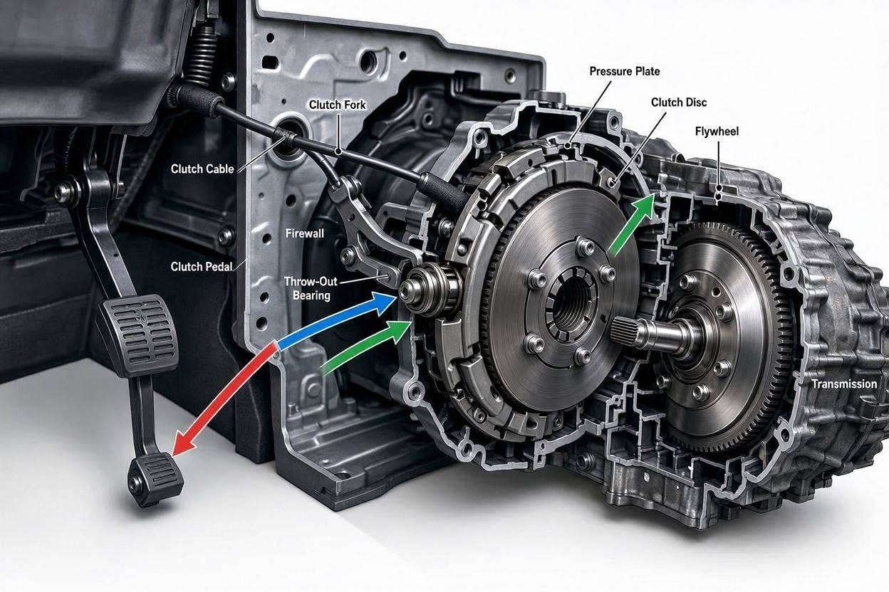 Diagram showing how a clutch cable connects the clutch pedal to the clutch release mechanism.