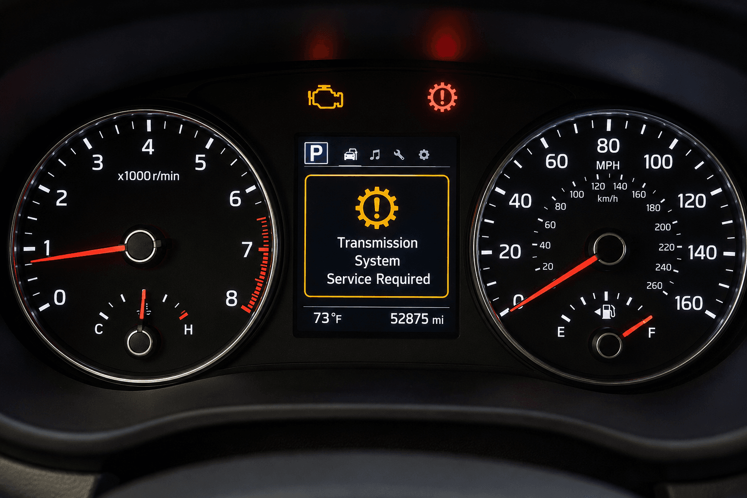 Dashboard warning lights showing automatic transmission shifting problems