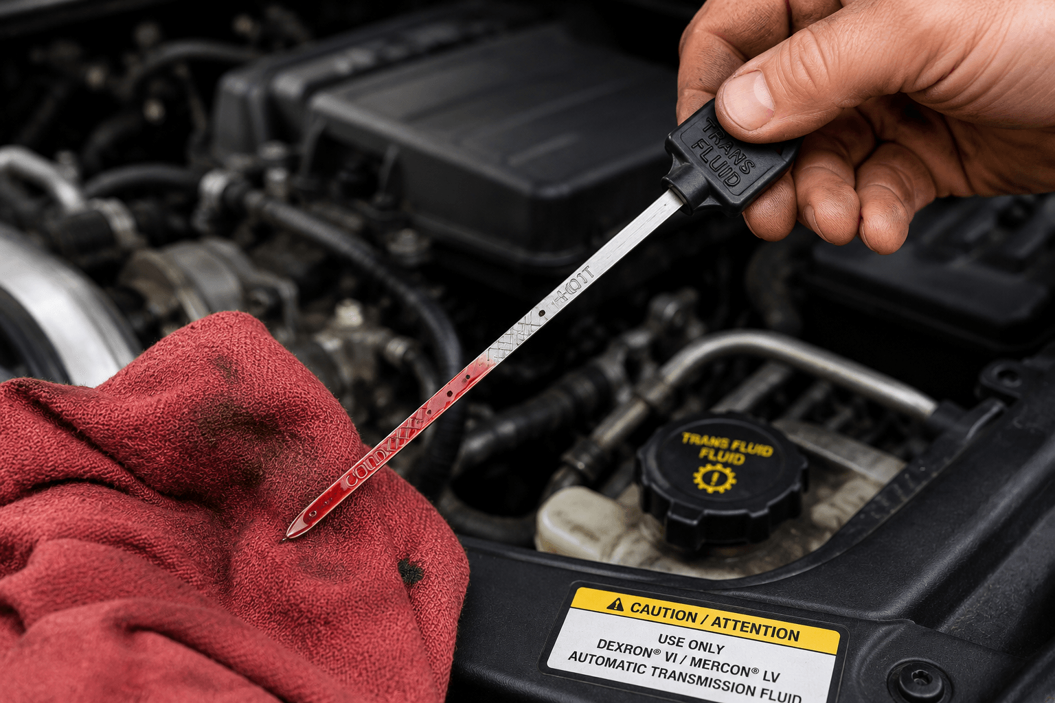 Mechanic checking automatic transmission fluid level using dipstick