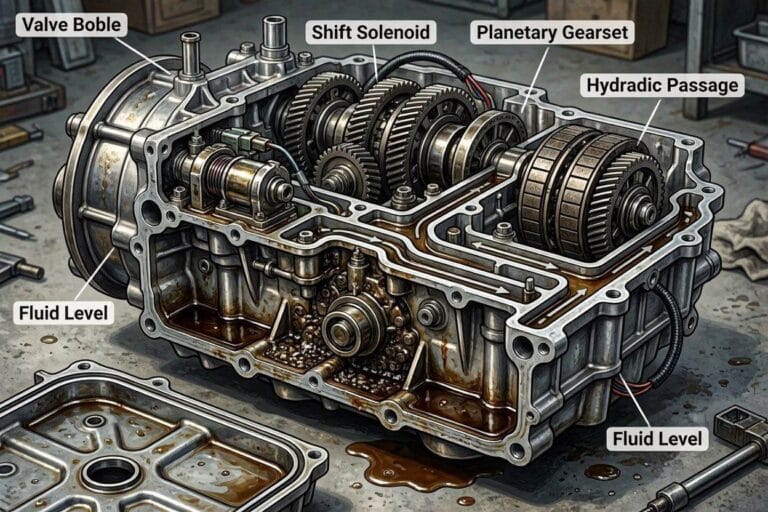 Internal components of an automatic transmission showing common causes of a transmission stuck in gear.