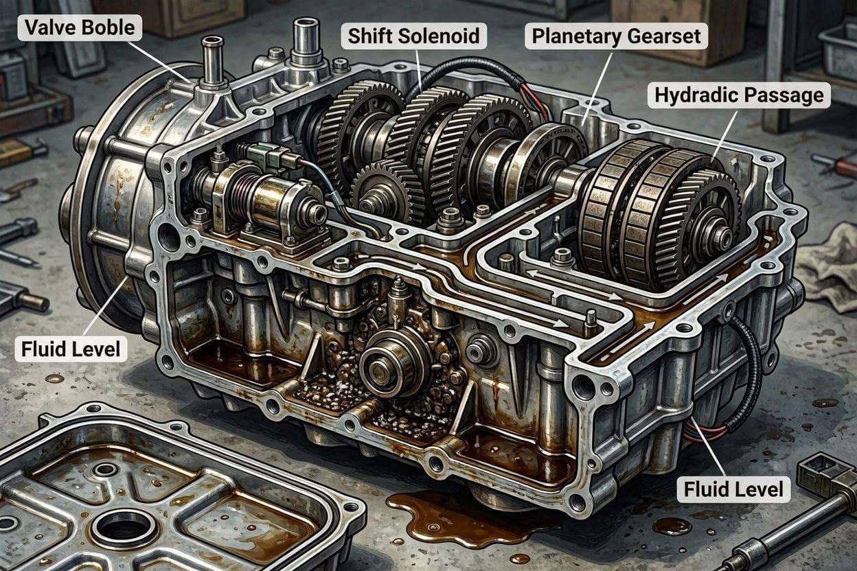 Internal components of an automatic transmission showing common causes of a transmission stuck in gear.