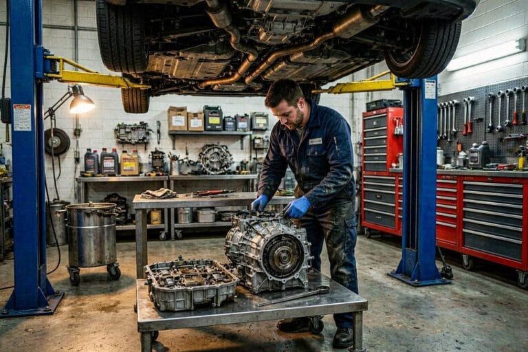 Mechanic inspecting an automatic transmission to diagnose a transmission whining noise.
