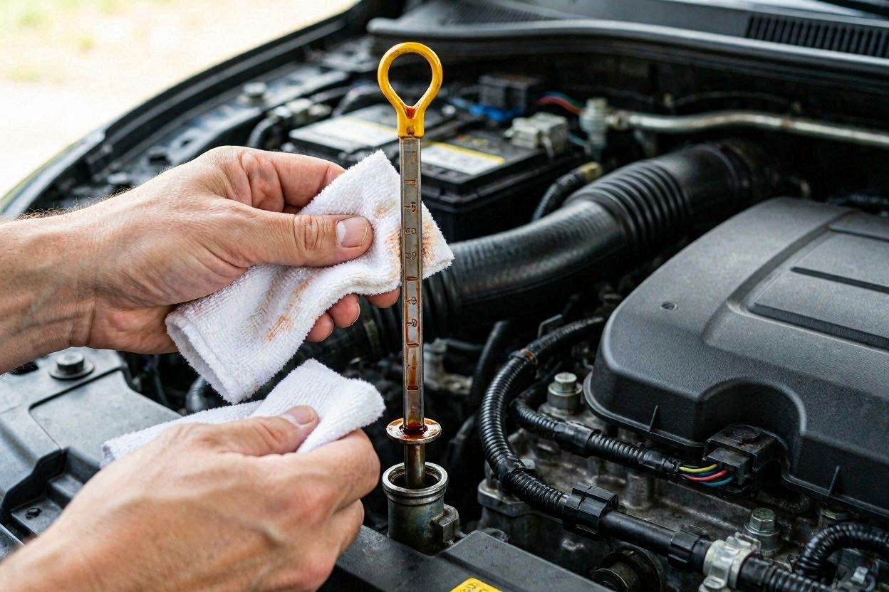 Checking transmission fluid level using the transmission dipstick step by step.
