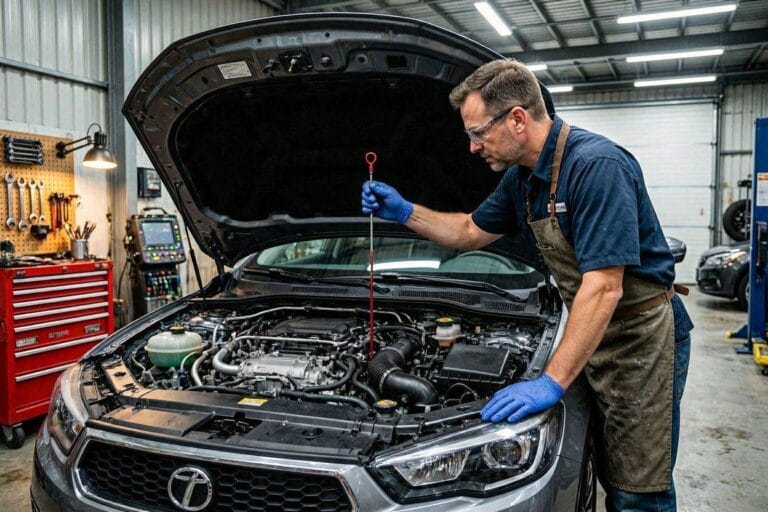 Mechanic checking automatic transmission fluid with a dipstick in a car engine bay.