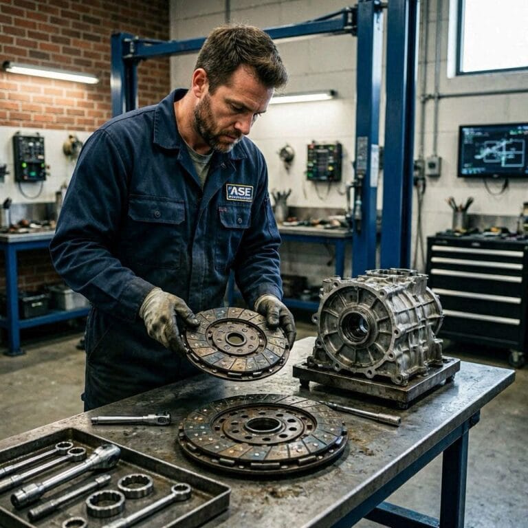 Mechanic inspecting a worn manual transmission clutch inside a car workshop