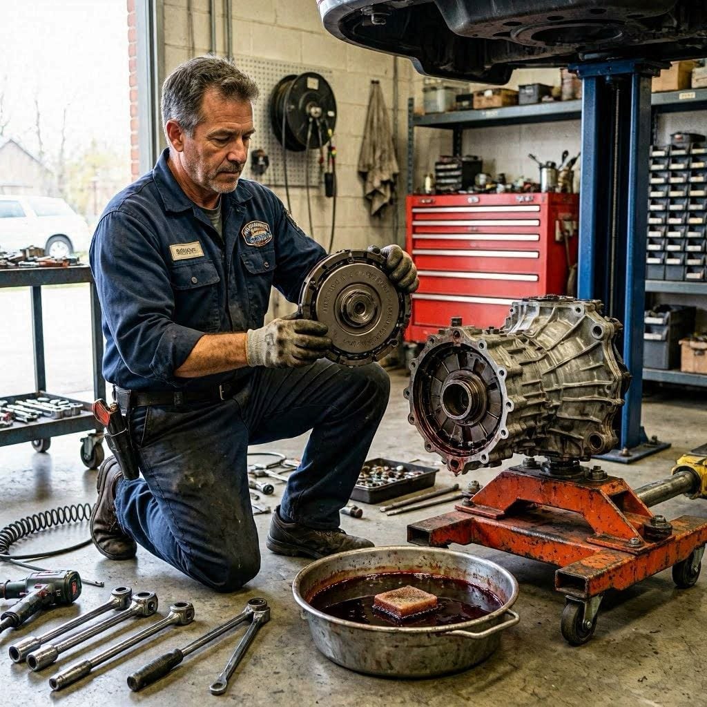 ASE certified mechanic replacing torque converter during transmission repair in garage