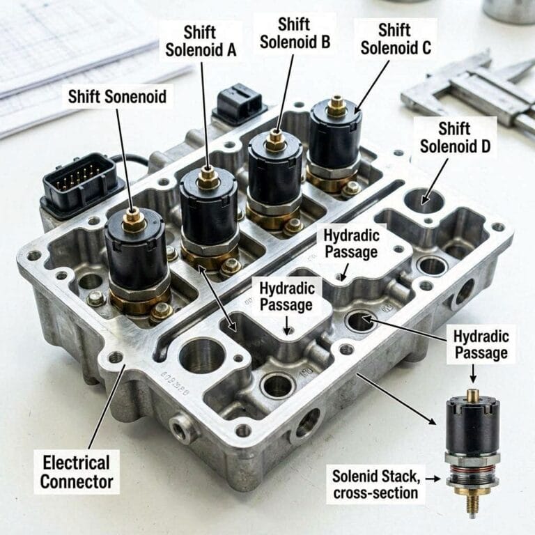 Transmission valve body with shift solenoids highlighted, showing electrical connectors and fluid channels