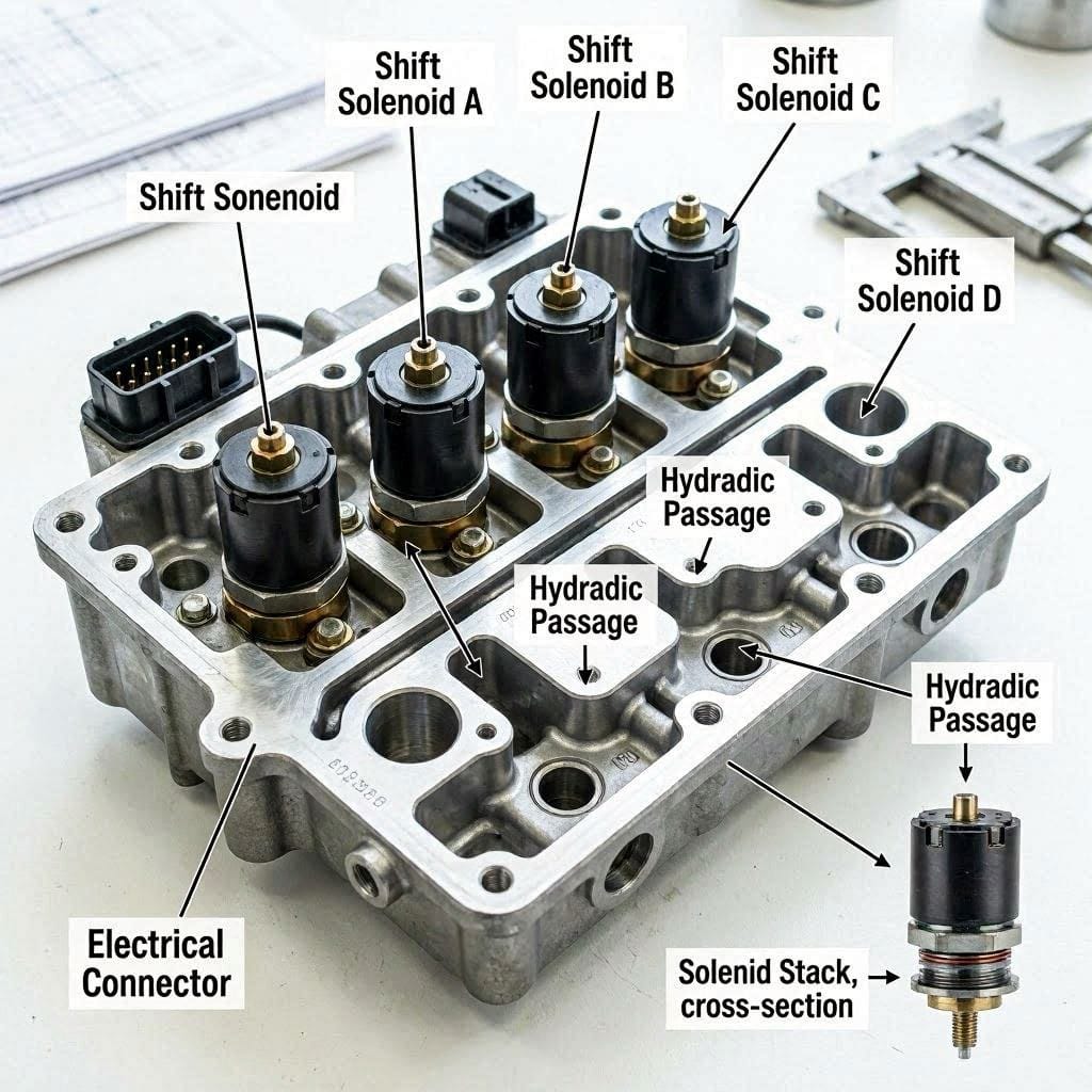 Transmission valve body with shift solenoids highlighted, showing electrical connectors and fluid channels