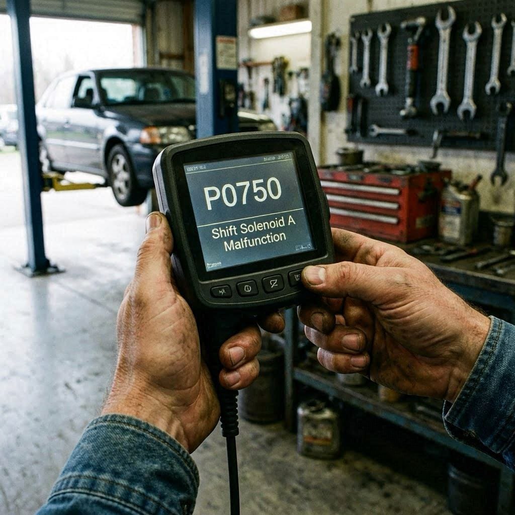 OBD-II scanner showing transmission trouble code P0750 for shift solenoid A malfunction