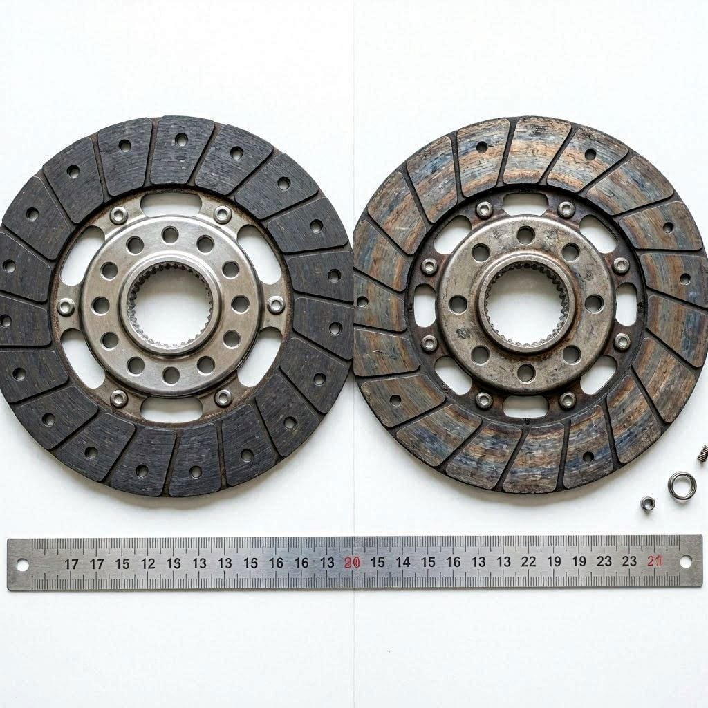 side-by-side comparison of new clutch disc with full friction material and worn disc with glazing and wear 