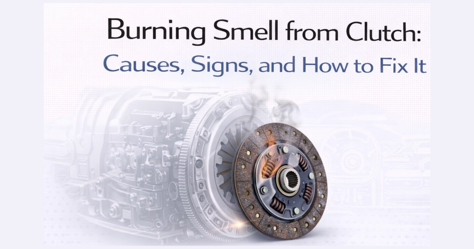 "Overheated clutch disc showing burned friction material and smoke indicating clutch failure from excessive heat"