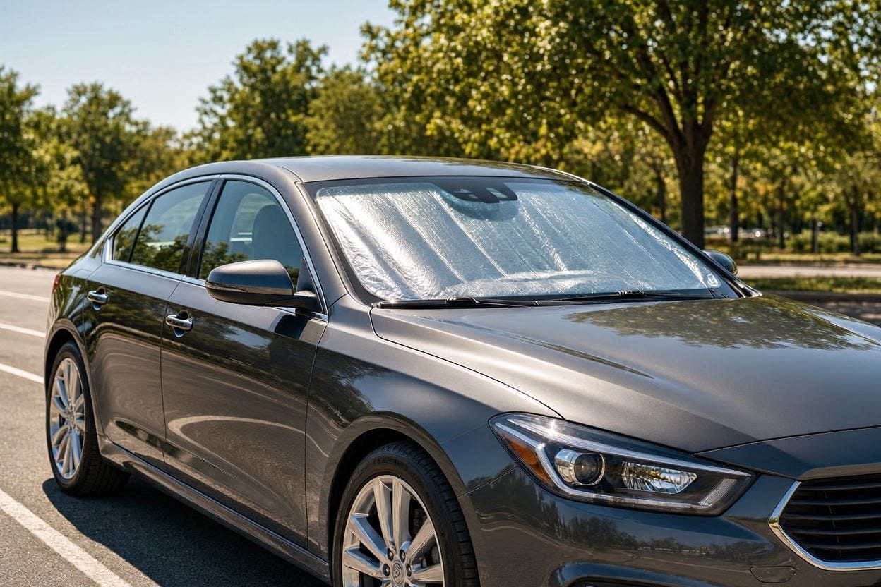 Best car sun shade windshield installed on a parked sedan during summer