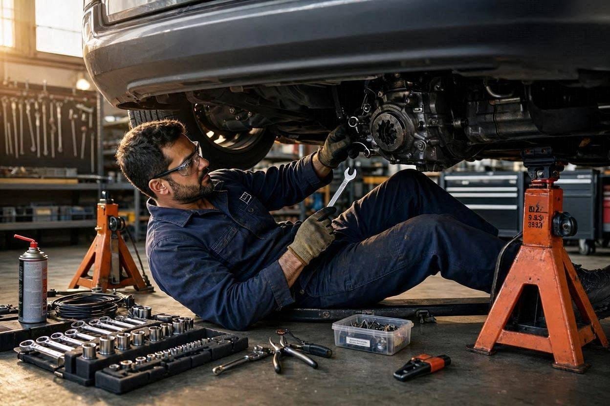 Mechanic replacing a clutch cable on a manual transmission vehicle.