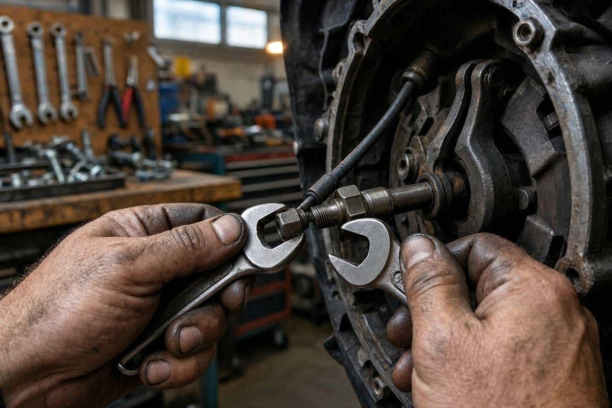 Adjusting clutch cable free play using the threaded adjuster and locknut.