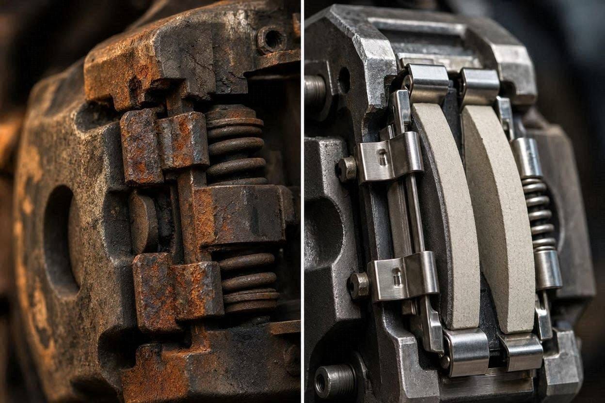 Comparison between worn brake and newly installed brake .