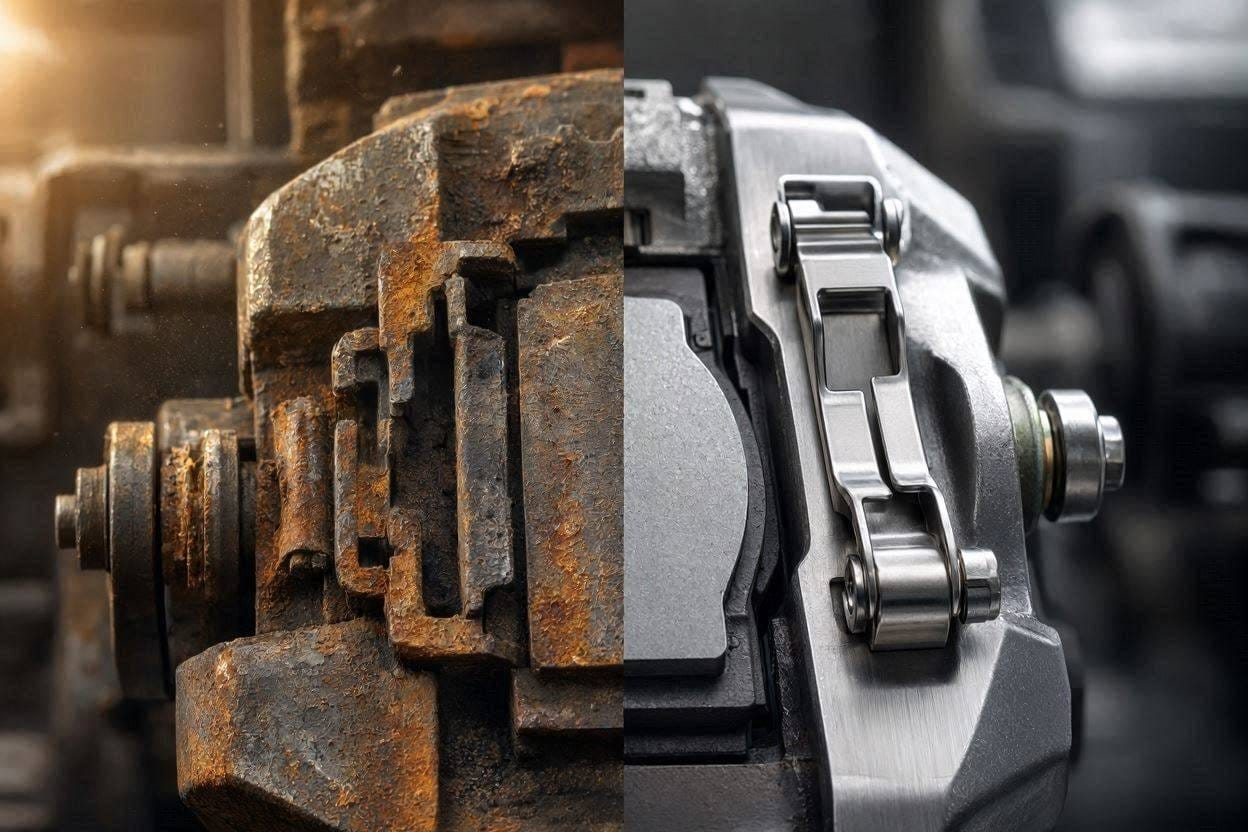 Comparison between worn brake hardware and newly installed brake hardware.