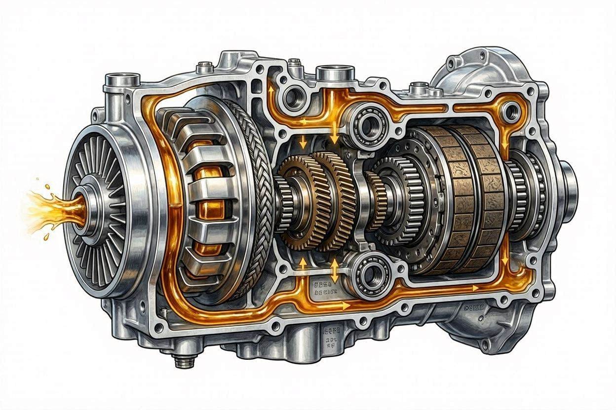 Internal automatic transmission components including the pump, torque converter, bearings, and planetary gears.