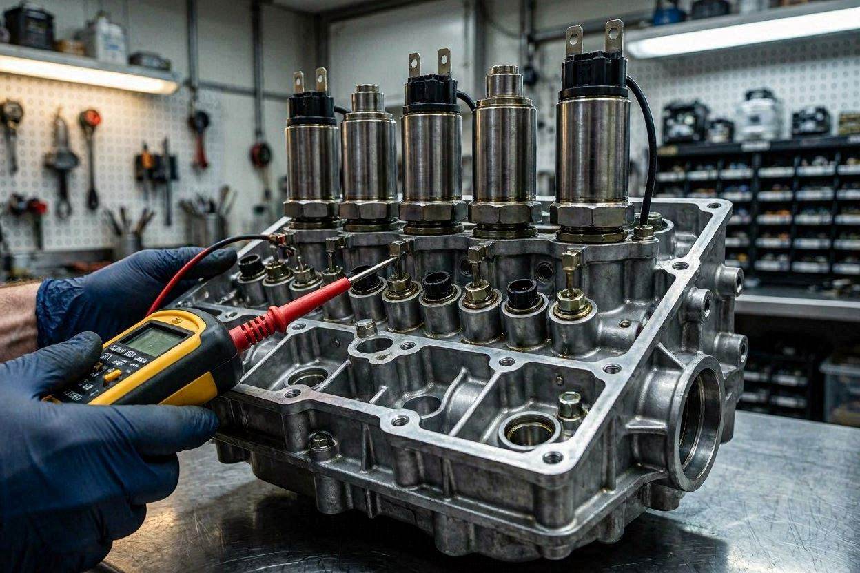 Testing an automatic transmission reverse solenoid on the valve body with a multimeter.
