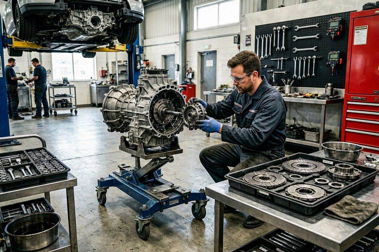 Mechanic repairing an automatic transmission