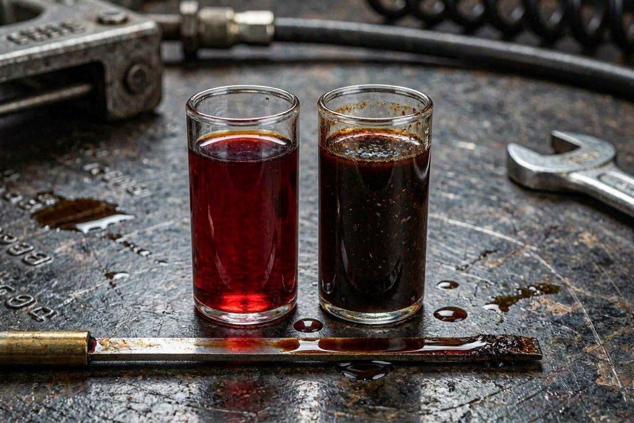 Clean versus burnt automatic transmission fluid causing overdrive slipping.