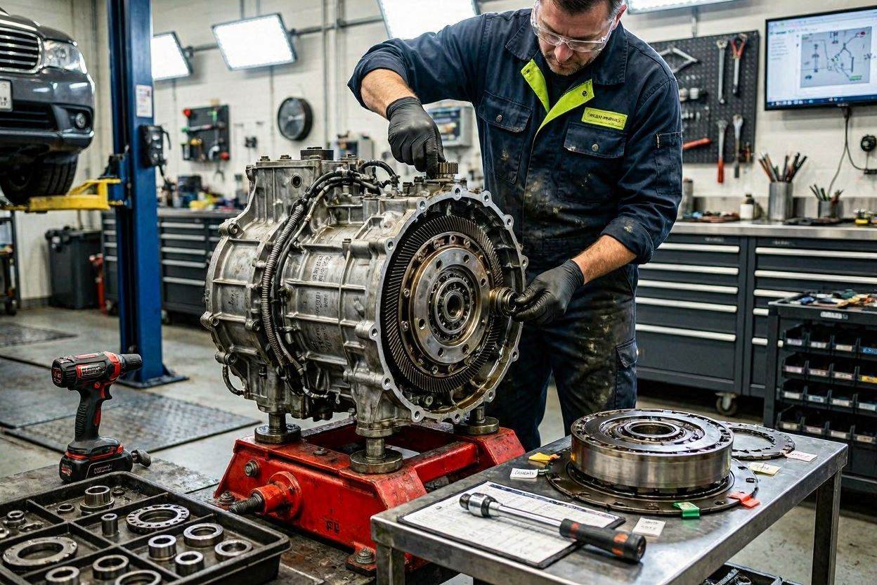 Mechanic repairing an automatic transmission with torque converter replacement.